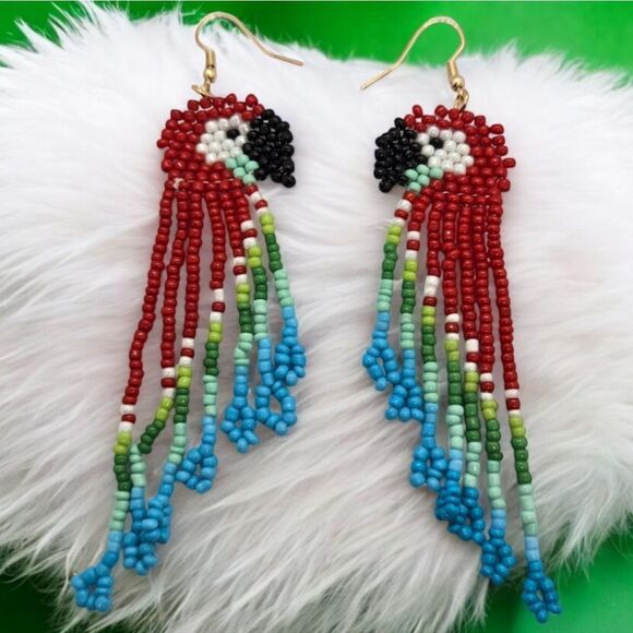 Red Parrot Seed Bead Boho Dangle Earrings Tribal Native Jewelry Western Beaded - Picture 1 of 6